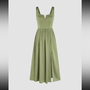 WOVEN SQUARE NECK RUFFLE SPLIT MIDI DRESS